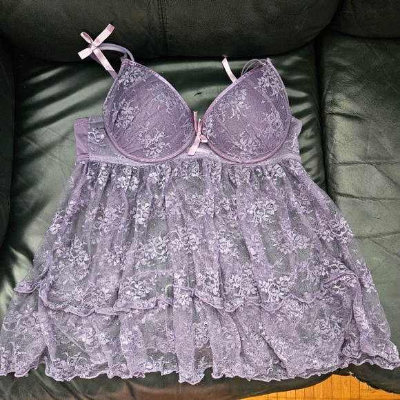 La Vie en Rose Elegant Lace Babydoll Lingerie in Purple LavenderPadded Hook Sz L - Picture 3 of 13